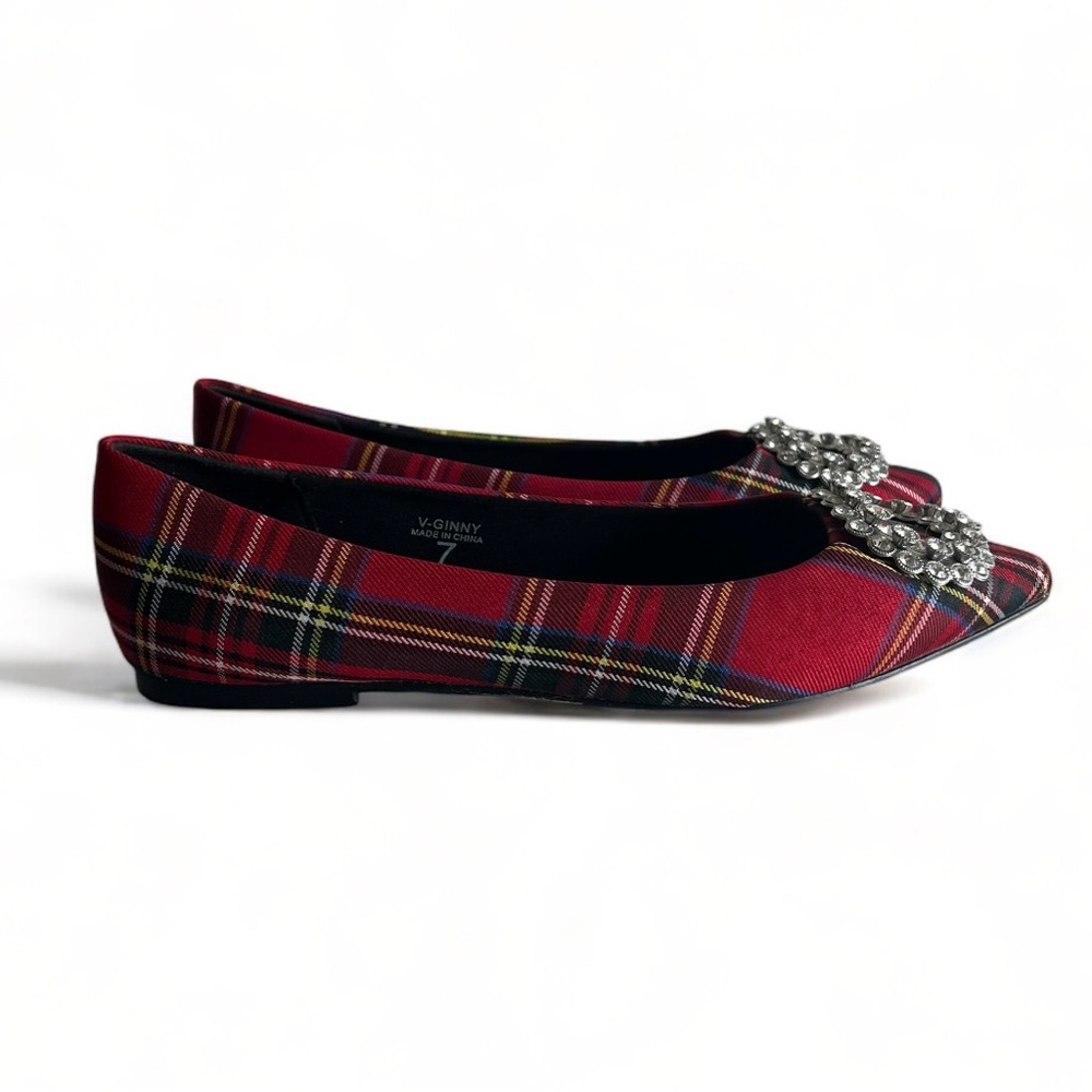 B*O*G COLLECTIVE Band of Gypsies Red Plaid Embellished V-Ginny Flats Size 7